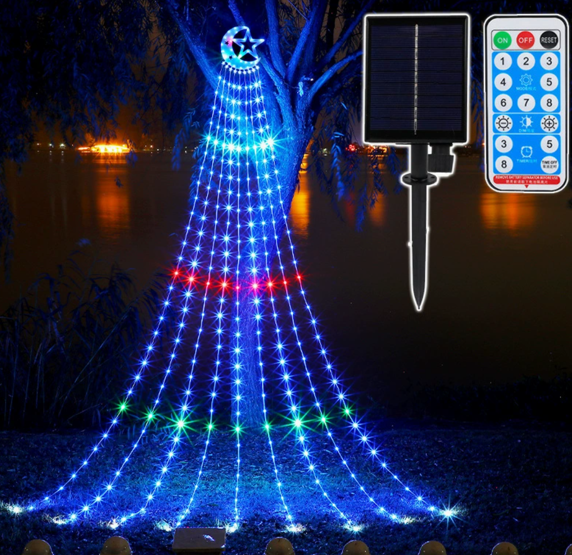 Solar Star Moon Waterfall LED String Lights – Outdoor Waterproof Solar Fairy Lights with Remote Control, 8 Modes, for Christmas Tree, Garden, Patio, Holiday Party Decoration