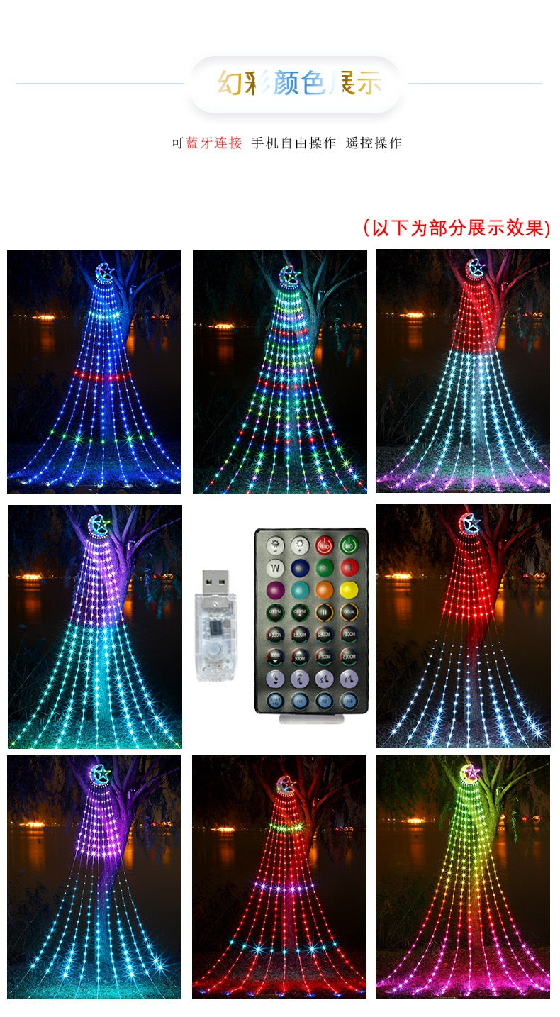 Solar Star Moon Waterfall LED String Lights – Outdoor Waterproof Solar Fairy Lights with Remote Control, 8 Modes, for Christmas Tree, Garden, Patio, Holiday Party Decoration